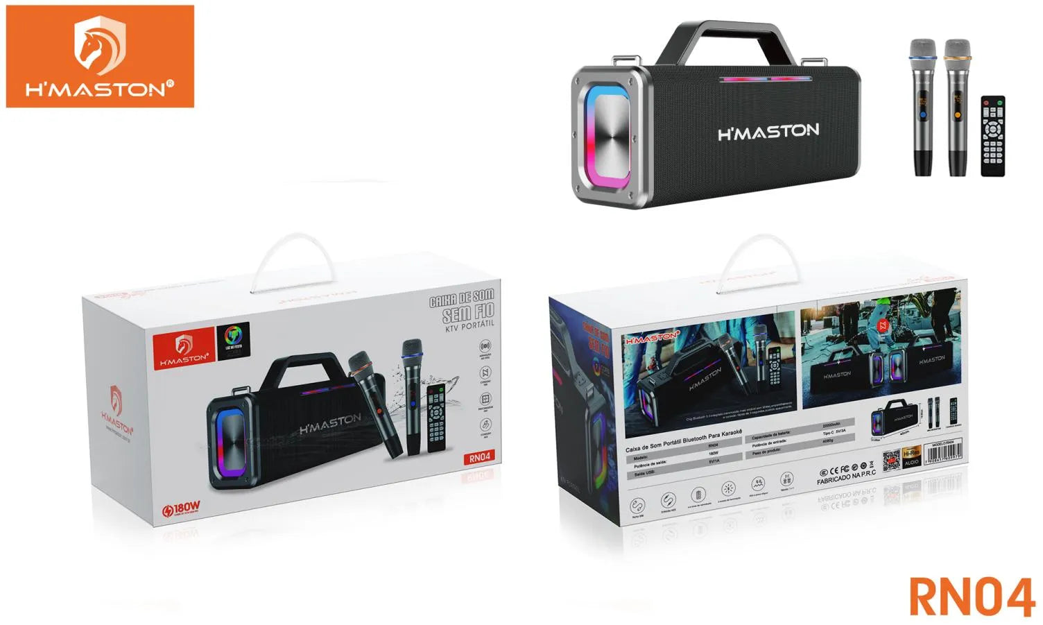 H'Maston RN04 Caixa de Som Bluetooth 180W com Microfones