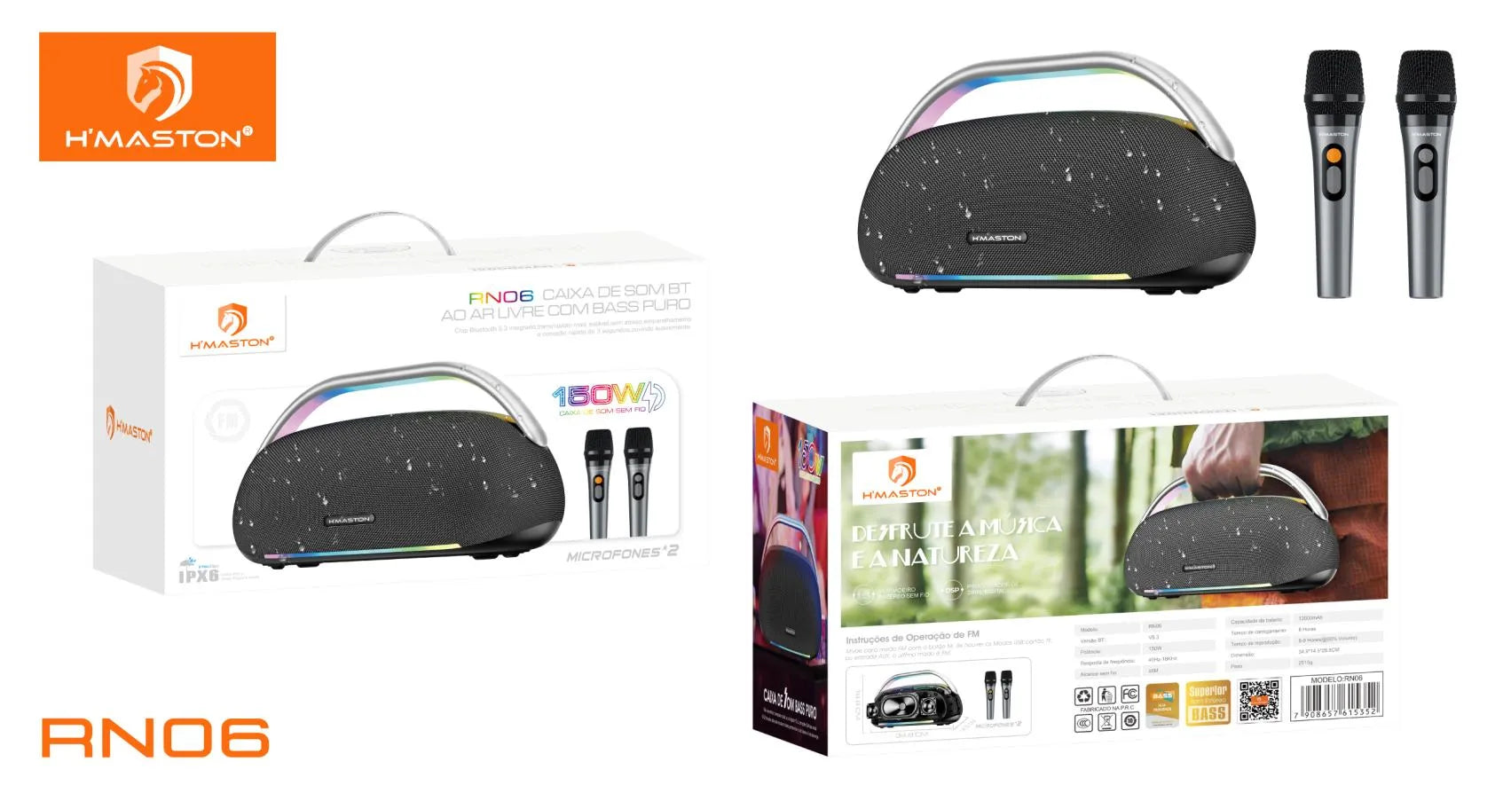 H'Maston RN06 Caixa de Som Boombox 120W Potente com 2 Microfones Sem Fio