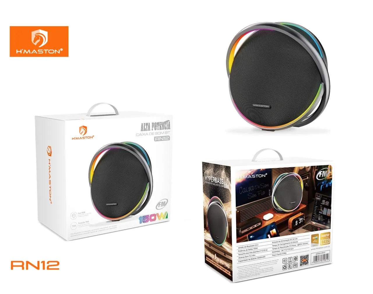 H'Maston RN12 Caixa de Som Bluetooth RGB 150W para Festas