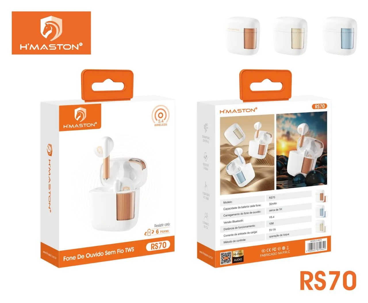 H'maston RS70 Fone de Ouvido TWS Bluetooth 5.4 Sem Fio Esportivo