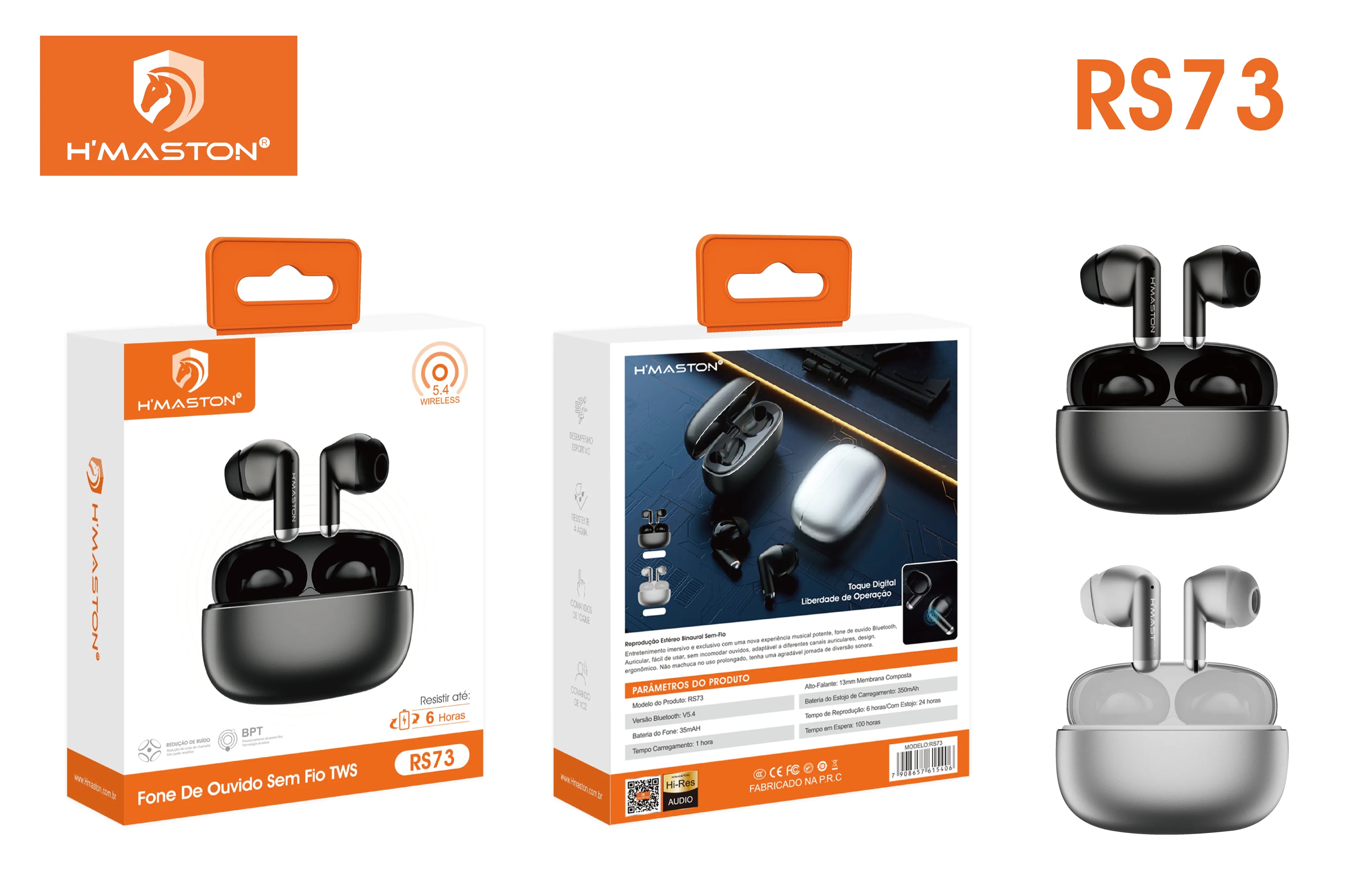 H'Maston RS73 Fone Sem Fio TWS - Som Estéreo Imersivo e Confortável