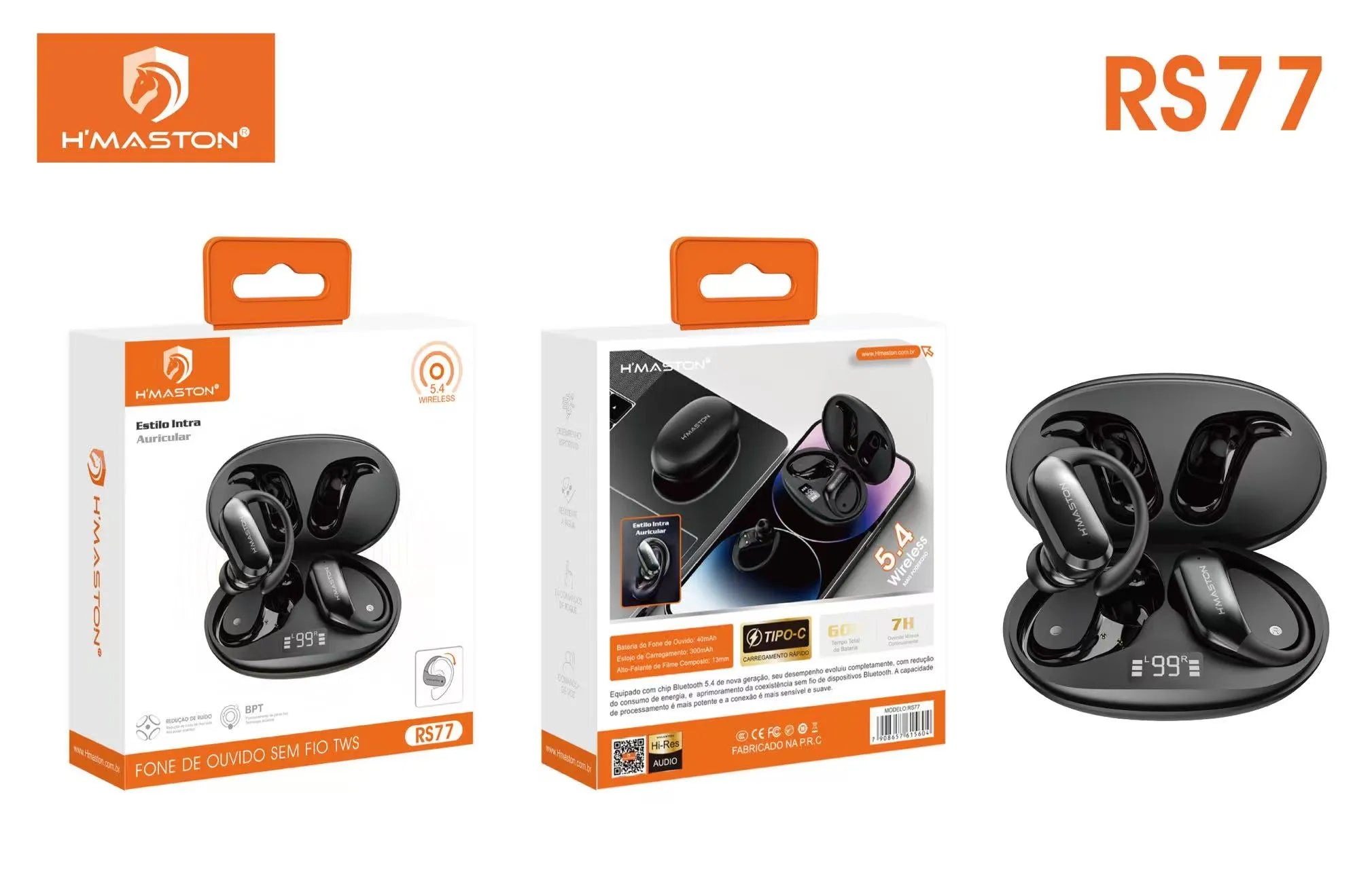 H'Maston RS77 Fone Bluetooth - Gancho de Orelha e Estojo Carregador