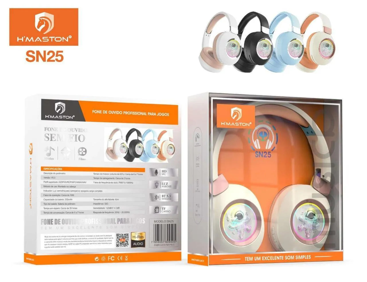 H'Maston SN25 Headset Bluetooth Sem Fio com Luz e Microfone