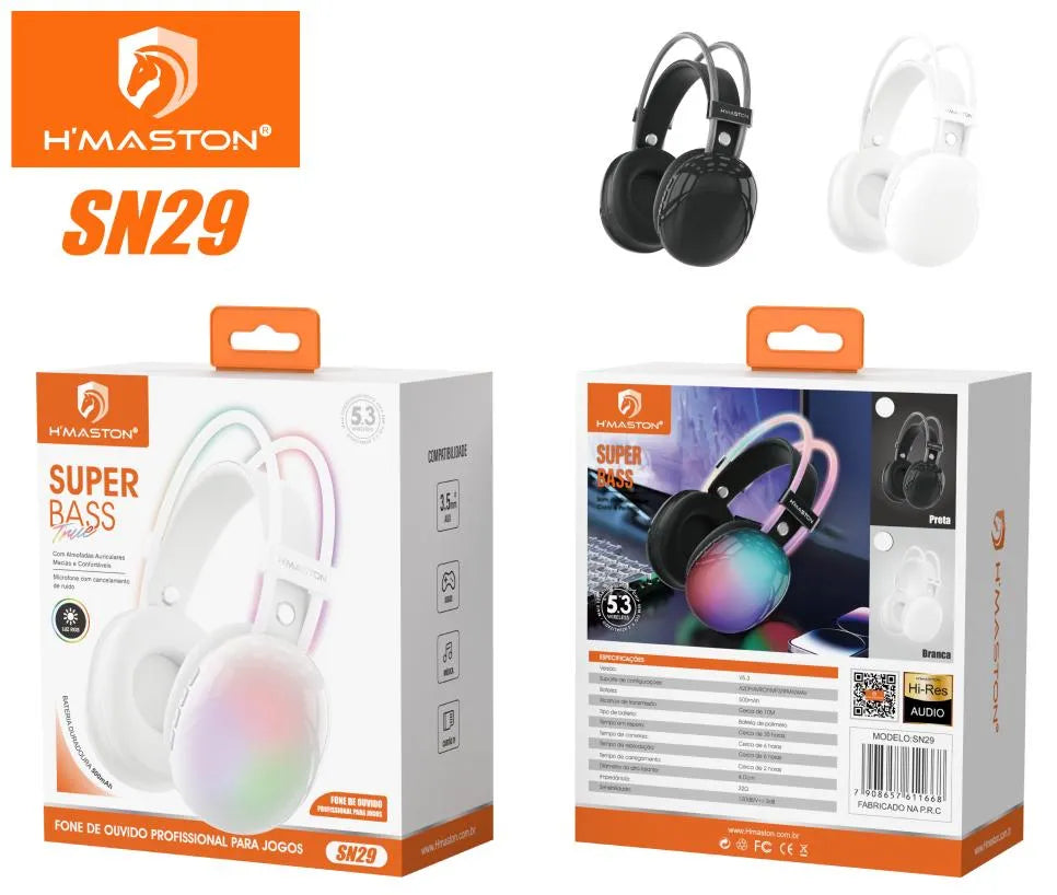 H'Maston SN29 Fone de Ouvido Gamer Bluetooth Over-ear RGB