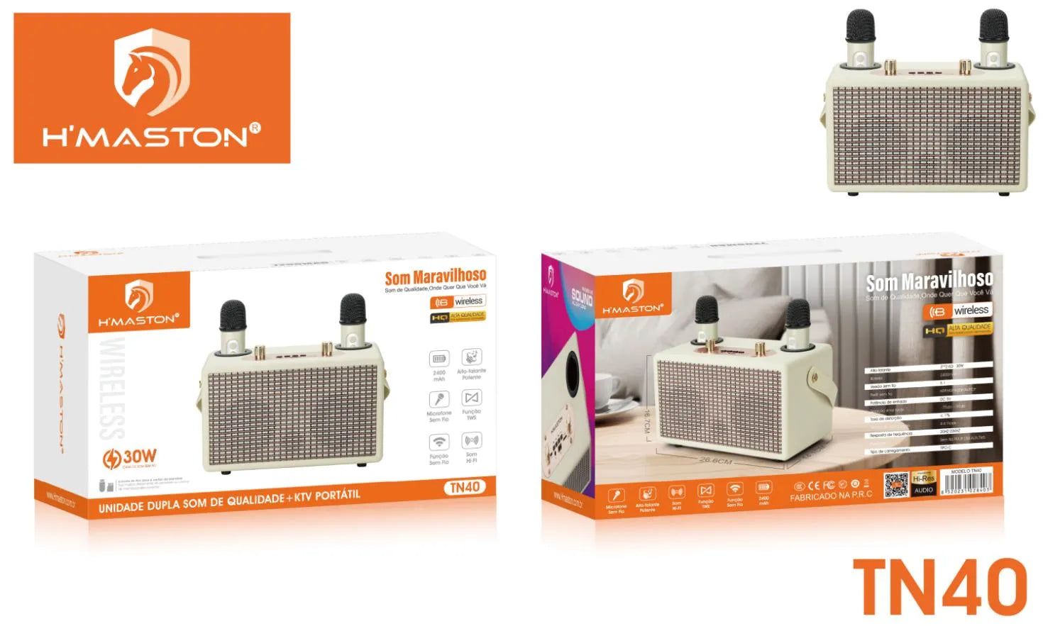 H'Maston TN40 Caixa de Som Portátil Hi-Fi com KTV e Bluetooth