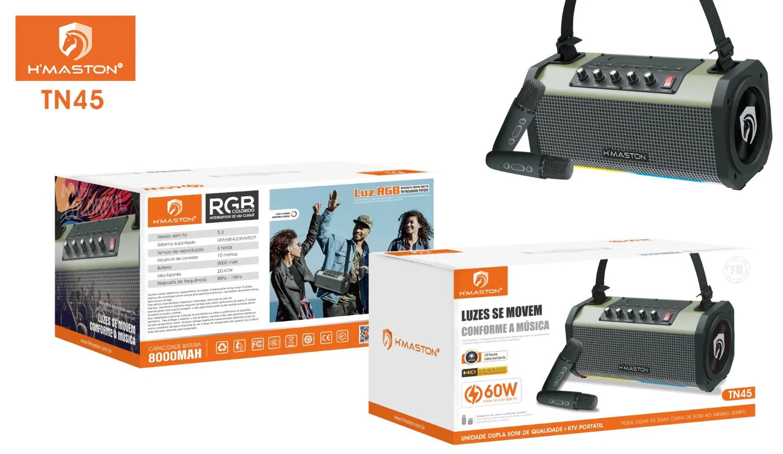 H'Maston TN45 Caixa de Som Bluetooth 60W com Bateria 8000mAh