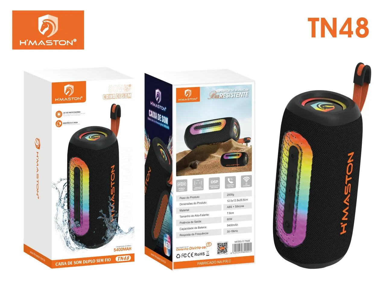 H'Maston TN48 Caixa de Som Potente com LED e Resistência à Água