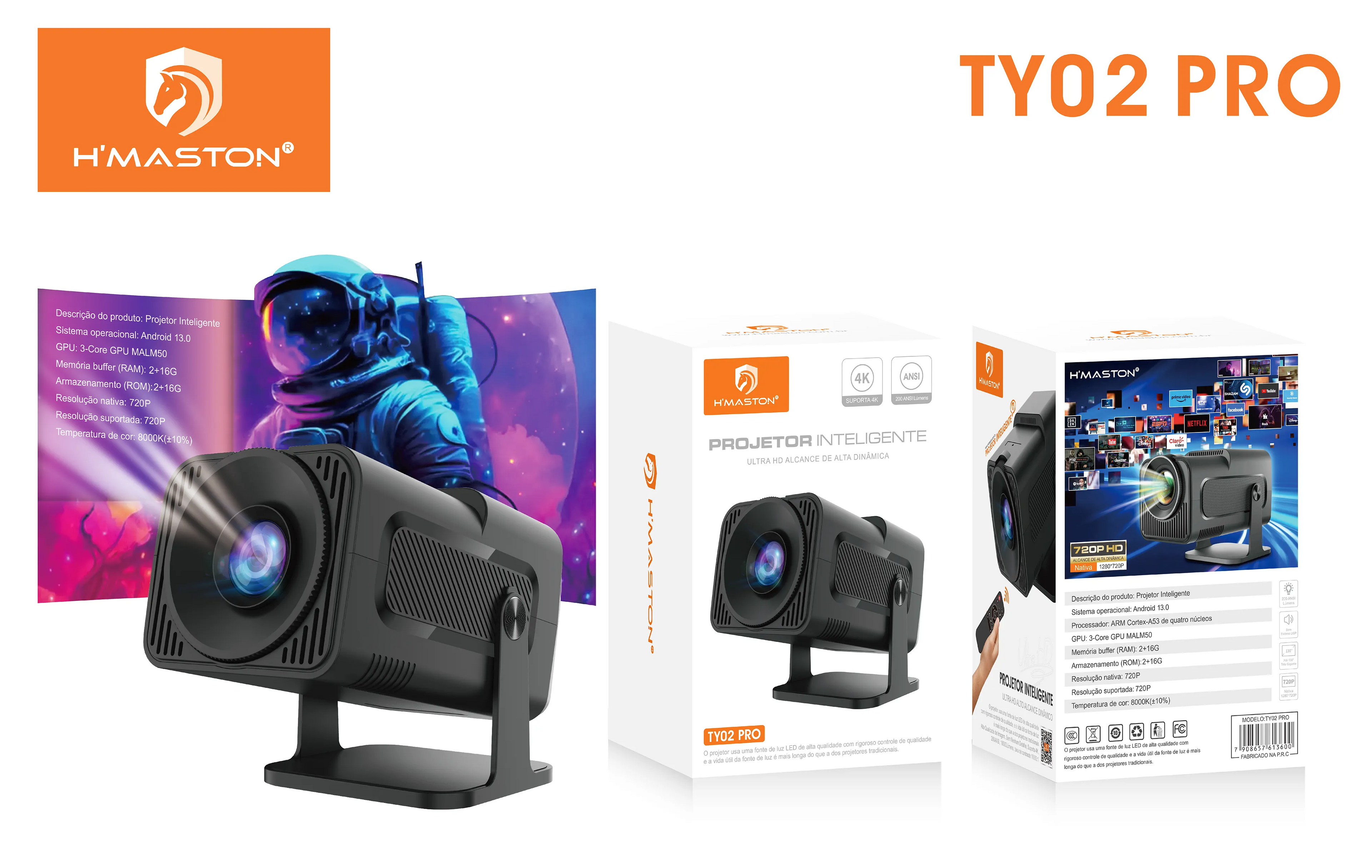 H'Maston TY02-PRO Projetor Portátil 4K Mini com WiFi 5G