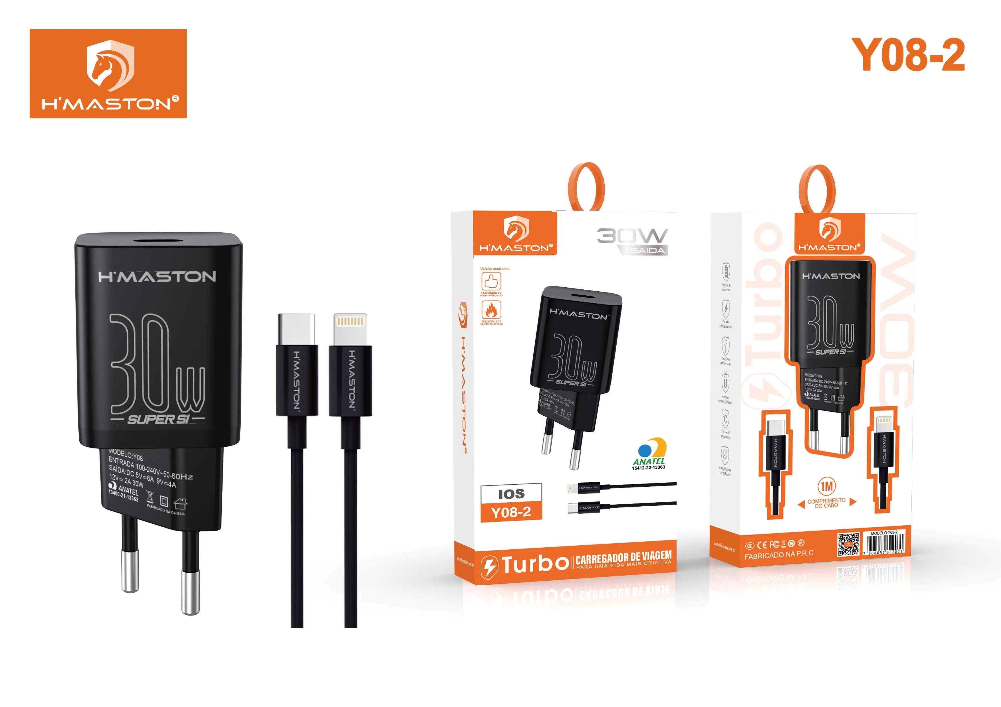 H'Maston Y08 TURBO PD 30W - Carregador Rápido Tipo C & Lightning