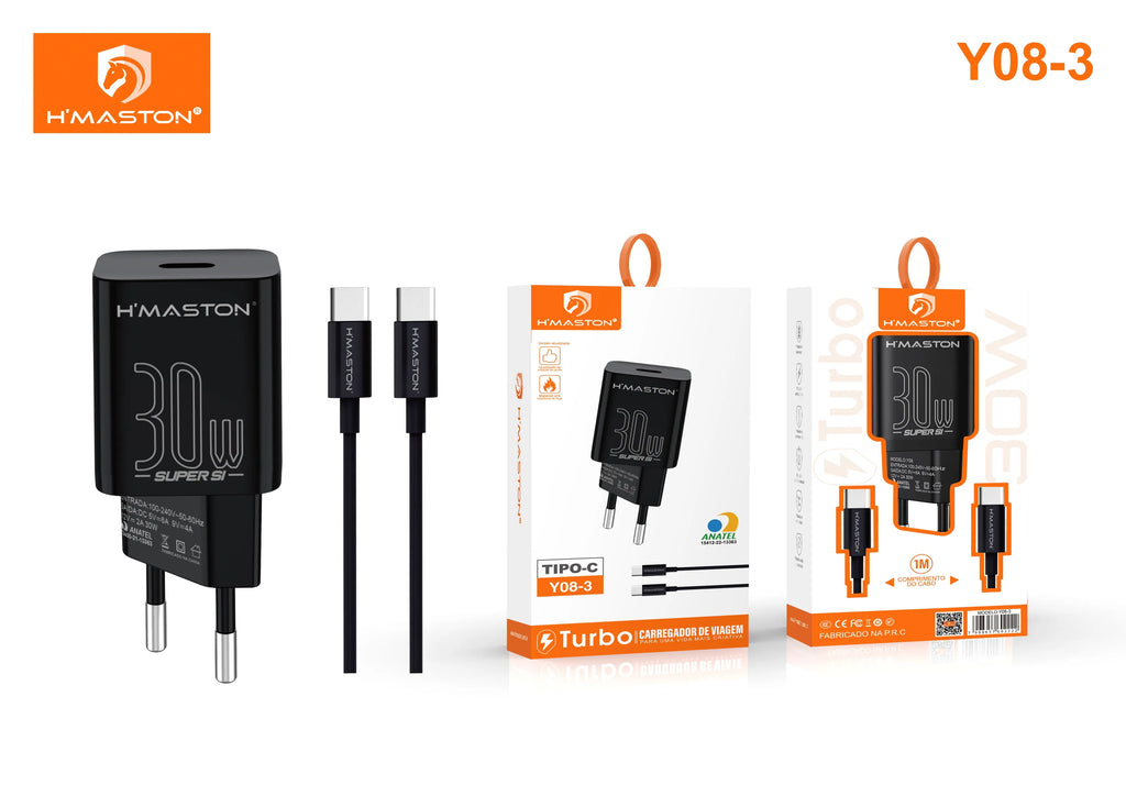H'Maston Y08 TURBO PD 30W - Carregador Rápido Tipo C & Lightning