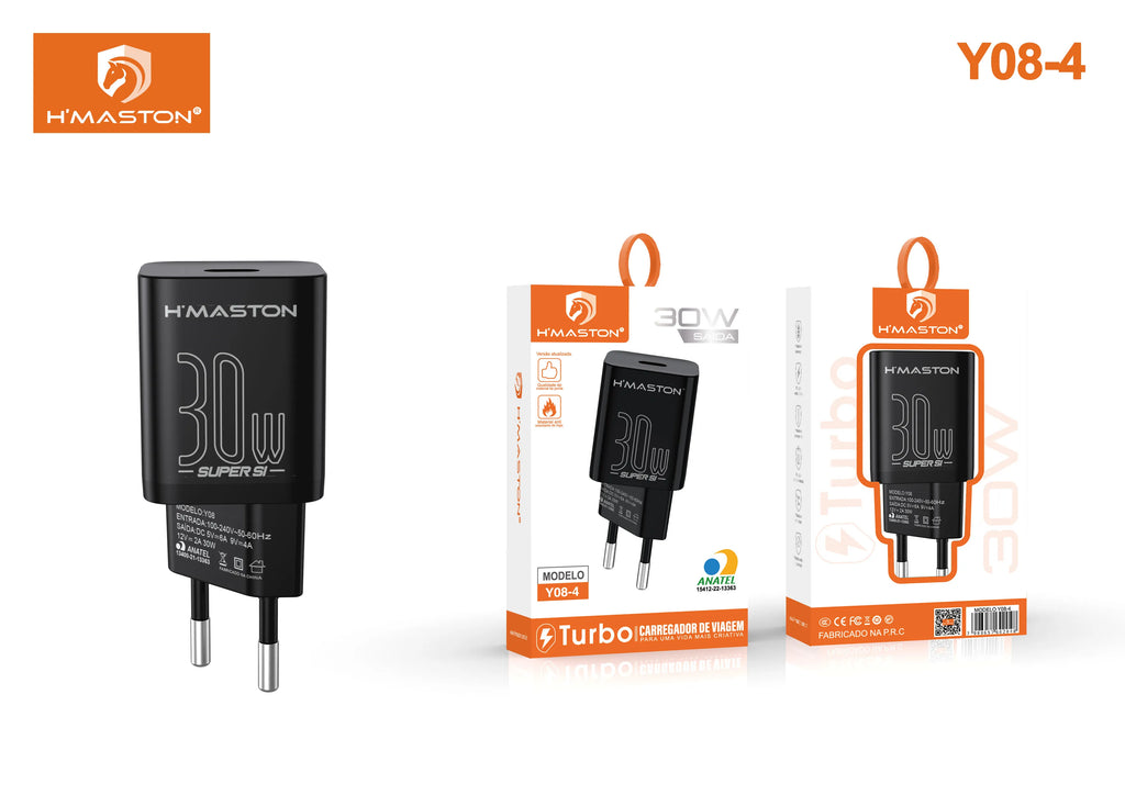 H'Maston Y08 TURBO PD 30W - Carregador Rápido Tipo C & Lightning
