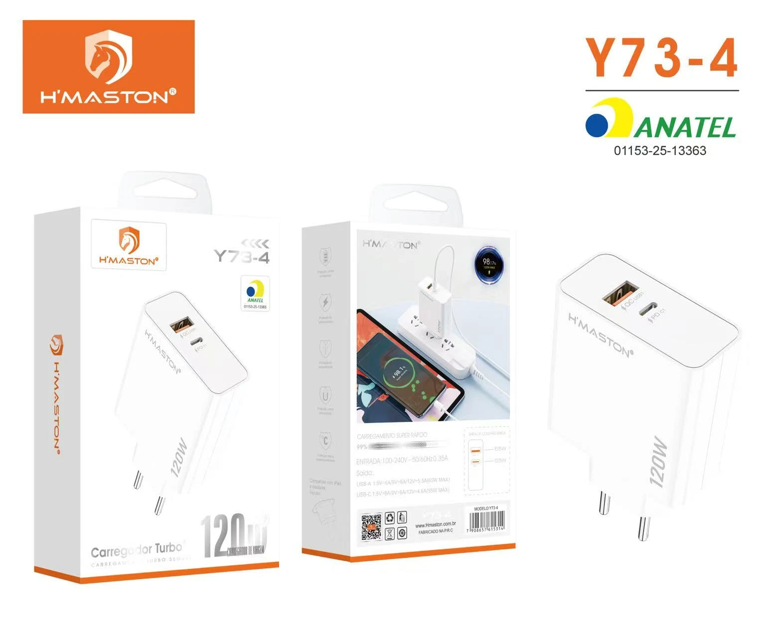 H'Maston Y73-4 Carregador Turbo 120W - Rápido e Eficiente!