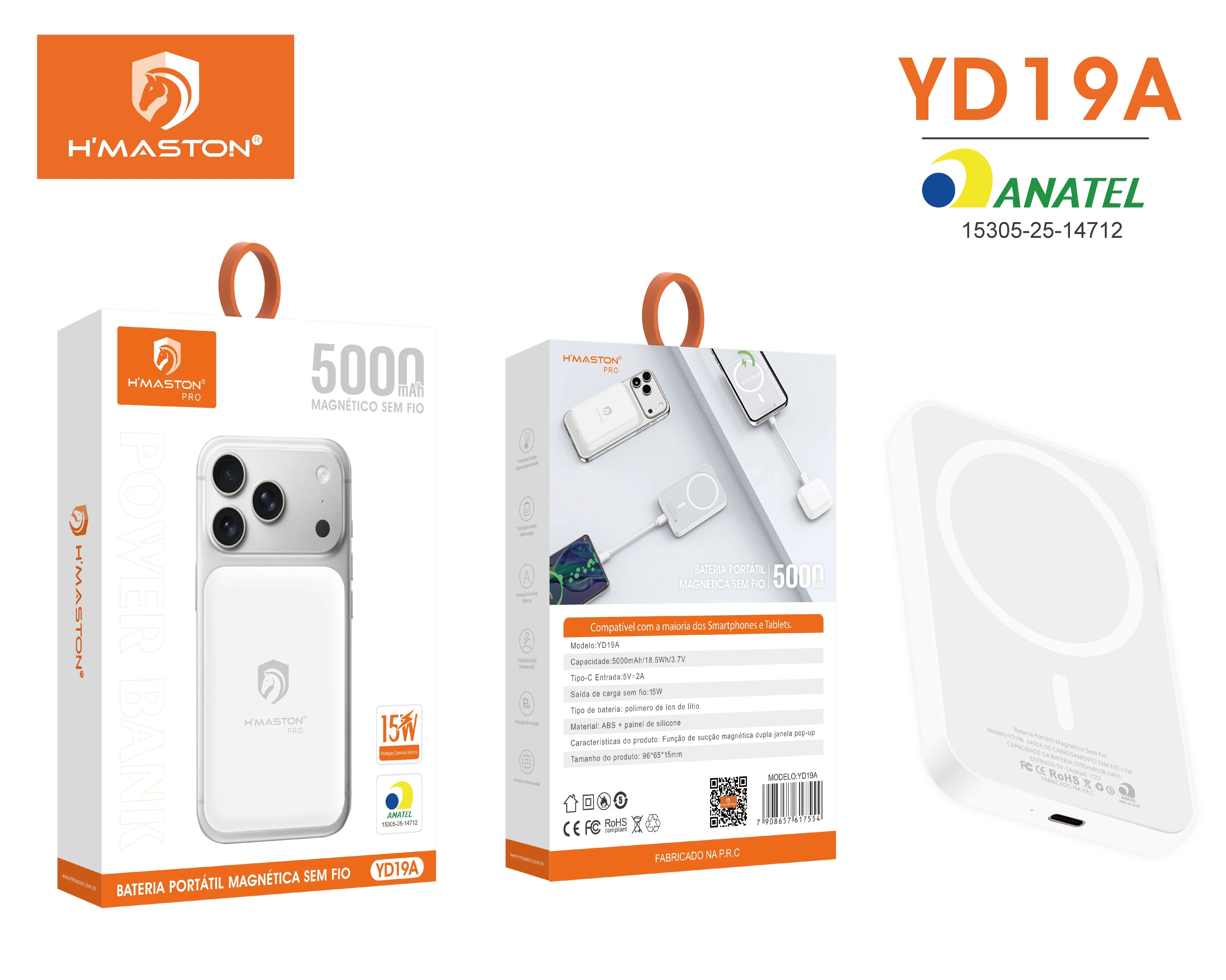 H'Maston YD19A Power Bank Magnético 5000mAh - Carregamento Sem Fio