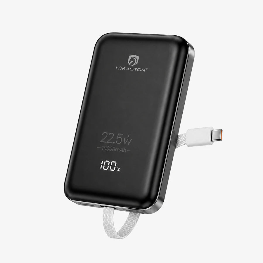 H'Maston YD92 - Power Bank 10000mAh 22.5W com Carregamento Rápido, Cabo Integrado e Carregamento Sem Fio 15W