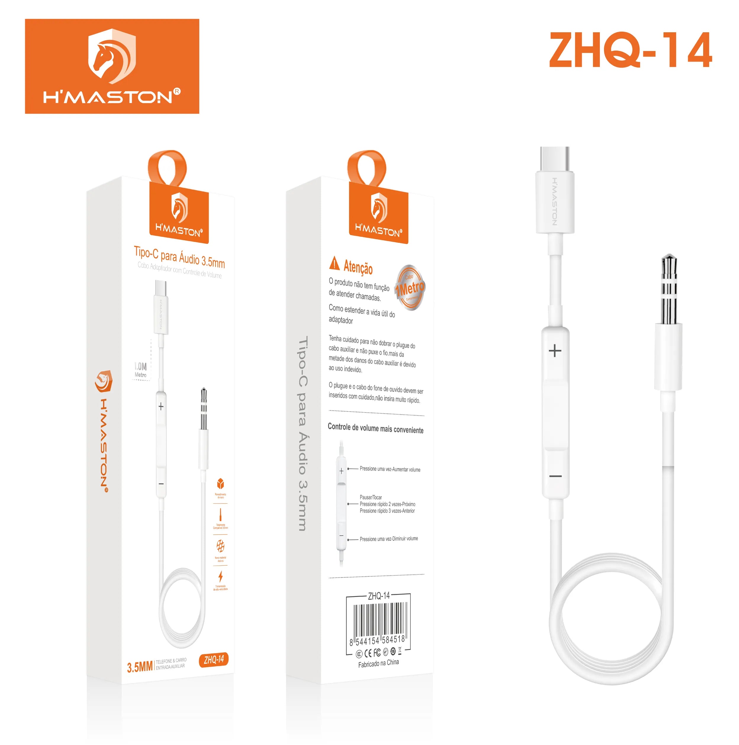 H'maston ZHQ14 Cabo Áudio Tipo C x P2, Qualidade Superior