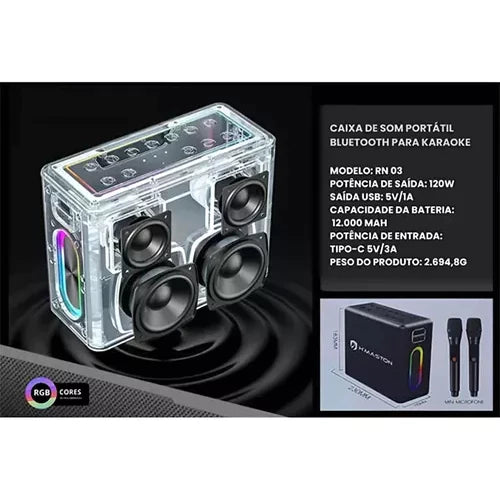 H'maston RN03 Caixa de Som 120W Bluetooth com Microfones
