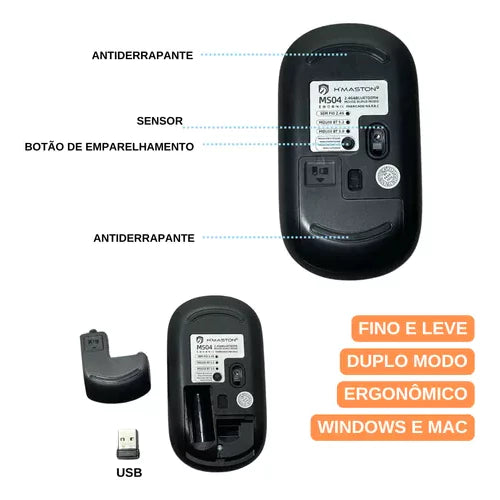 H'Maston MS04 Mouse Sem Fio Ergonômico 1600 Dpi Bluetooth