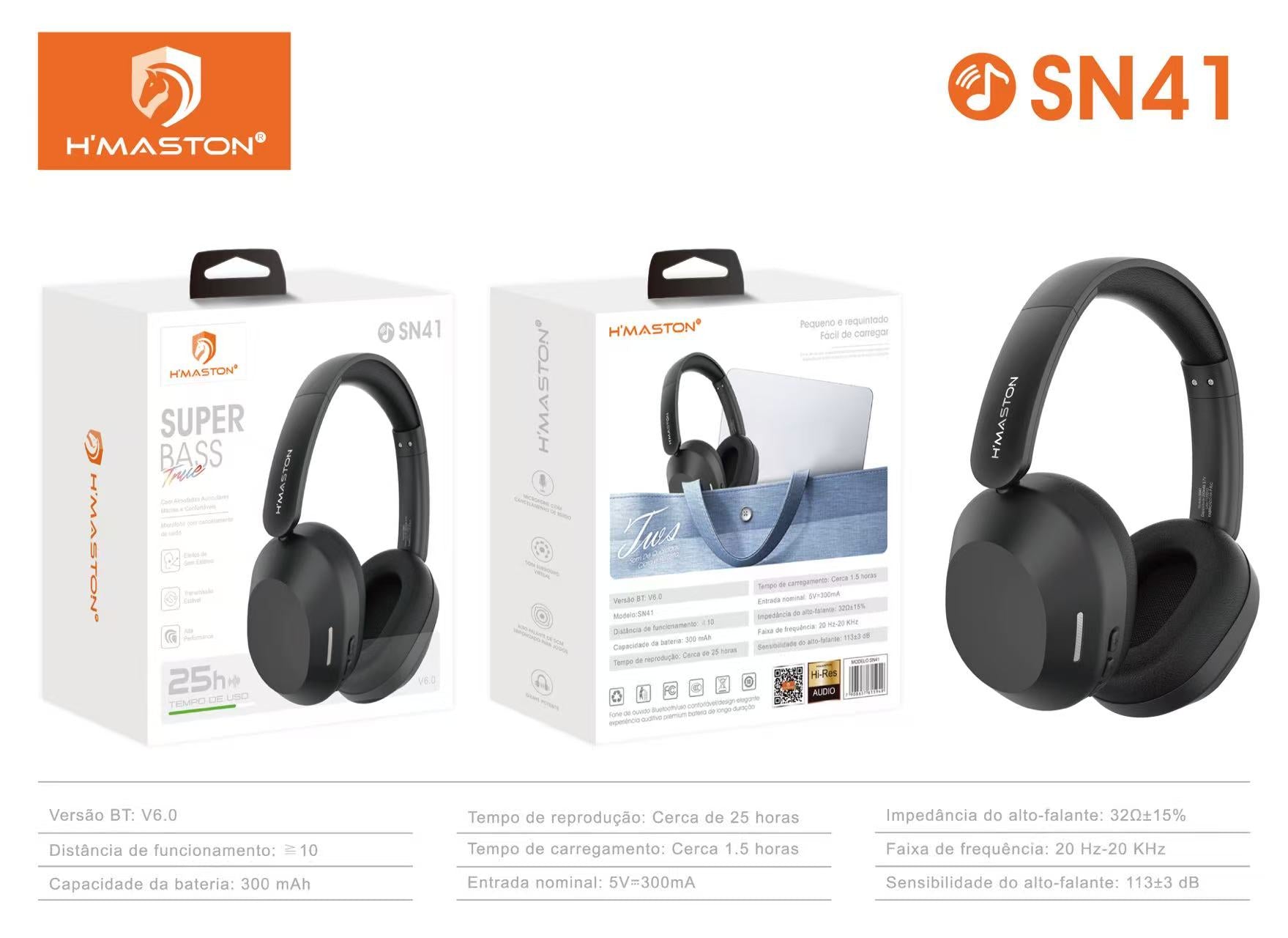 H'Maston SN41 Headset Bluetooth Super Bass com 25h Bateria