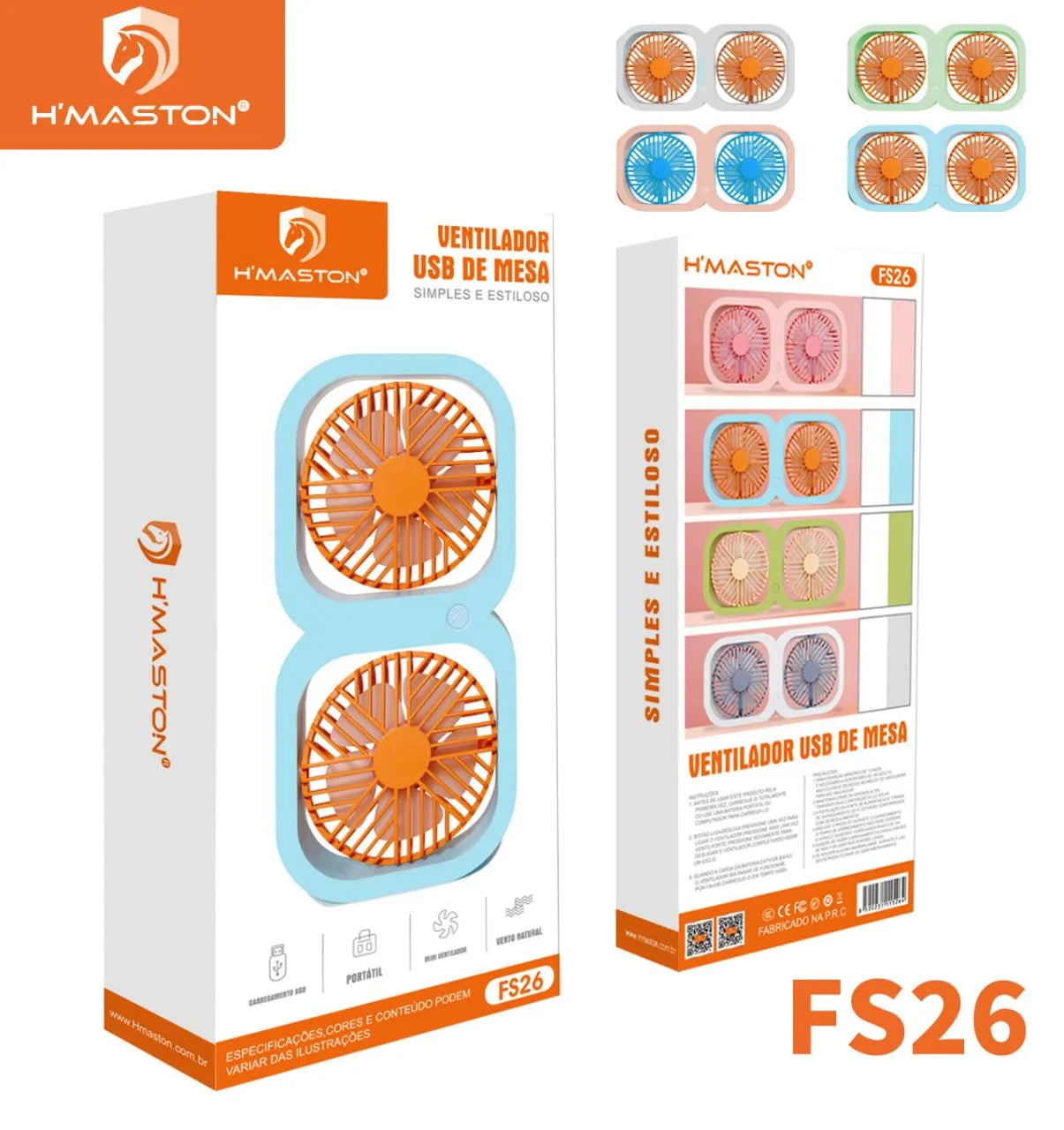 H'Maston FS26 Mini Ventilador Recarregável Portátil e Multifuncional