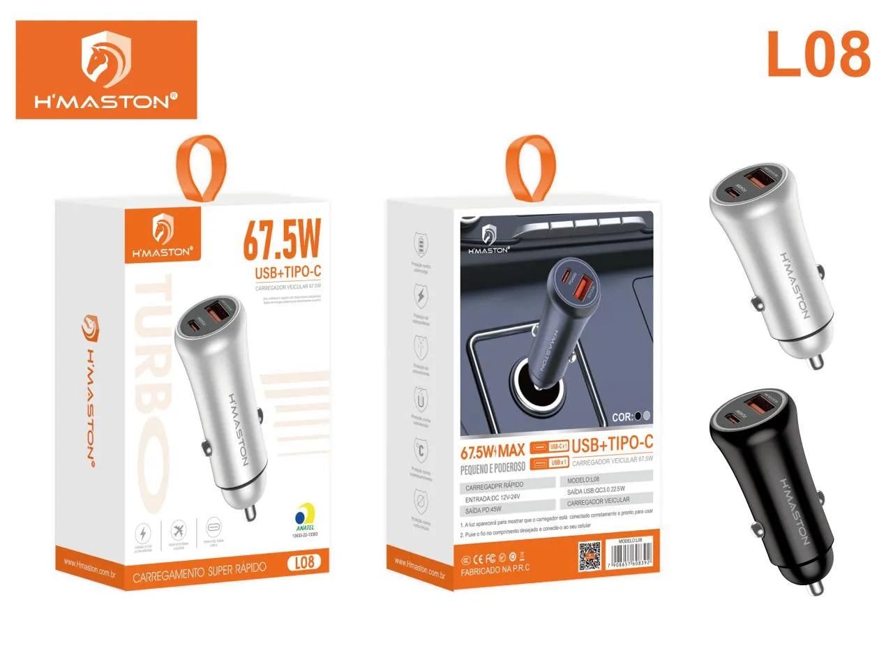 H'Maston L08 Carregador Veicular Turbo 45W - Dupla USB Rápido!